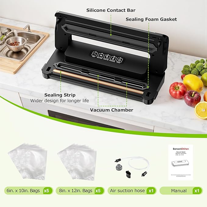 Bonsenkitchen Vacuum Sealer Machine Multi-Functional Food Sealer with 10 Vacuum Bags, Fast-Compact Design, External Vacuum System & Accessory Tube for Freshness Preservation,Black