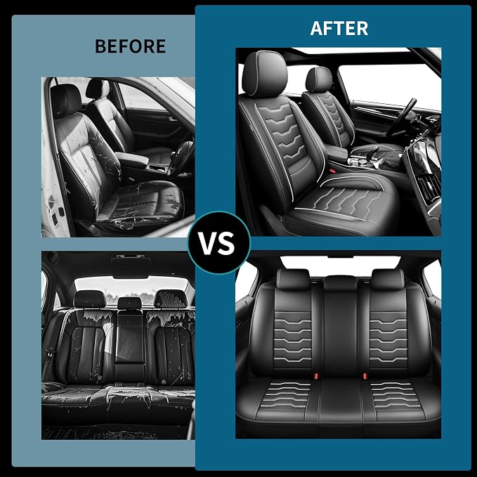 Fit Compass Car Seat Covers for Jeep Compass 2007-2025 2026 -Full Set Premium Leather, Waterproof &Breathable，All-Weather Seat Cushion Protecto & Airbag Compatible,2 Front Seat White Line Black