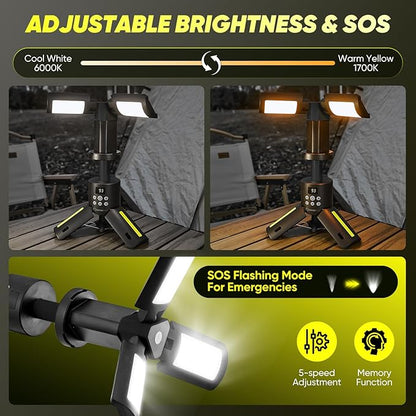 Portable Camping Lights with Stand, 5000LM Rechargeable LED Flashlight, 9 Color Modes, Collapsible Camping Lantern Tent Light with Magnetic Base for Power Outages, Camping & Emergency(Black)