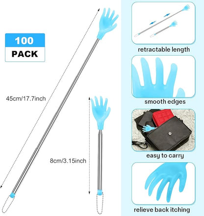 Tioncy 100 Pcs Extendable Back Scratcher Bulk Hand Shaped Retractable Scratcher Telescoping Massage Tool for Men Women Gifts Reducing Back Itching, Yellow and Blue