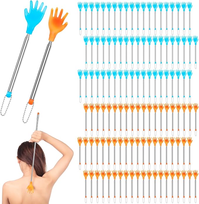 Tioncy 100 Pcs Extendable Back Scratcher Bulk Hand Shaped Retractable Scratcher Telescoping Massage Tool for Men Women Gifts Reducing Back Itching, Yellow and Blue