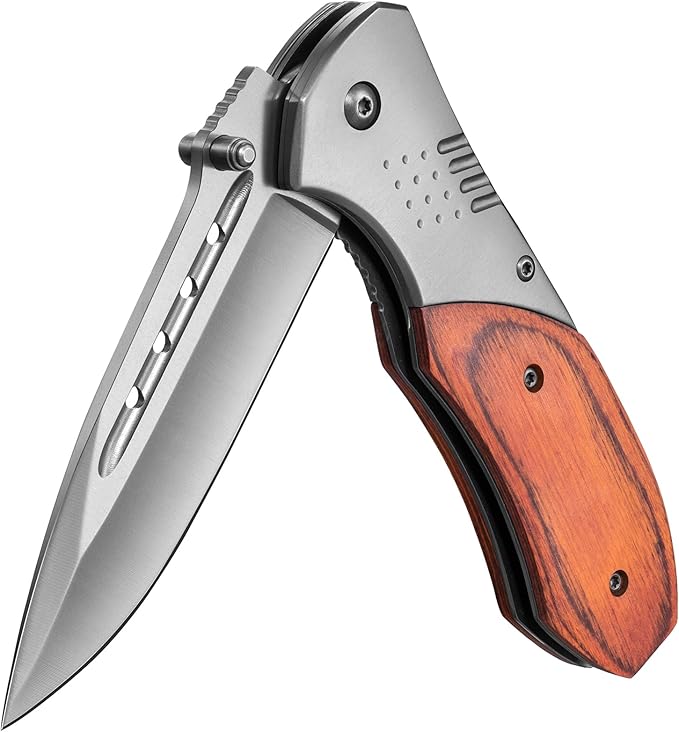 Pocket Knife for Men - Wood Handle Folding Pocket Knives with Clip, Glass Breaker - 3.46" Sharp Blade EDC Knife for Dad Tactical Hunting Survival Camping Fishing Hiking - Grey