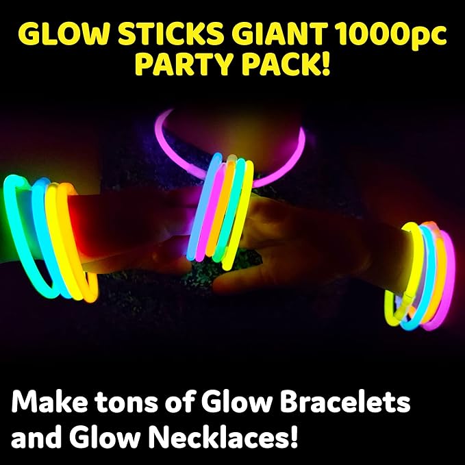 PartySticks Glow Sticks Party Supplies 1000 pack - 8 Inch Glow in The Dark Light Up Sticks Party Favors, Glow Decorations, Neon Party Glow Necklaces and Bracelets with Connectors