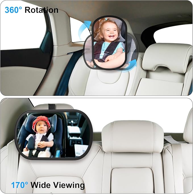 Baby Car Mirror, Safety Car Seat Mirror for Rear Facing Infant, Clear Wide View, 360°Rotation, Easily Observe the Baby Move, Secure, Shatterproof, Crash Tested and Certified (Black)