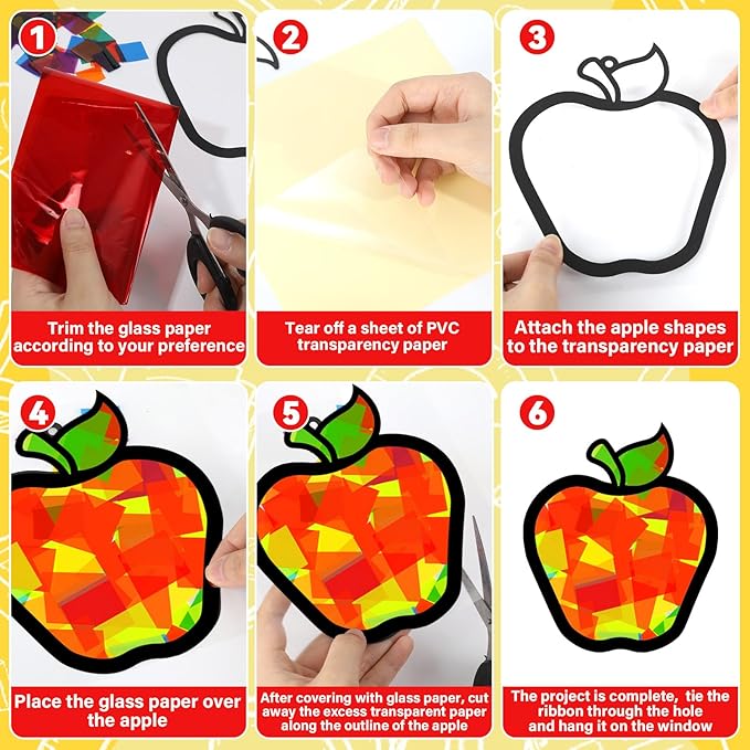 QOUBAI 32 Sets Back to School Apple Suncatchers Craft Kit DIY Window Stained Glass Effect Fall Apples Paper Craft for Home School Classroom Decor Kid Birthday Gifts Creative Art Projects Activity Game