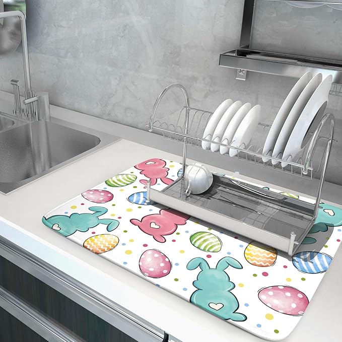 Easter Dish Drying Mat for Kitchen Counter Colorful Bunny Holiday Microfiber