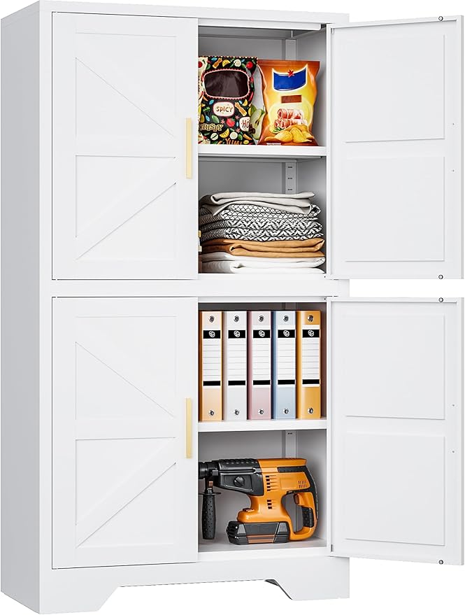 SISESOL White Storage Cabinet with 4 Doors and 2 Adjustable Shelves,Farmhouse Food Pantry Cabinets,Small Bathroom Cabinet,4 Tier Metal Storage Cabinets for Home Kitchen,Dining/Living/Laundry/Room