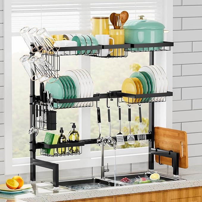 Over The Sink Dish Drying Rack, Expandable Length 3-Tier Large Stainless Steel