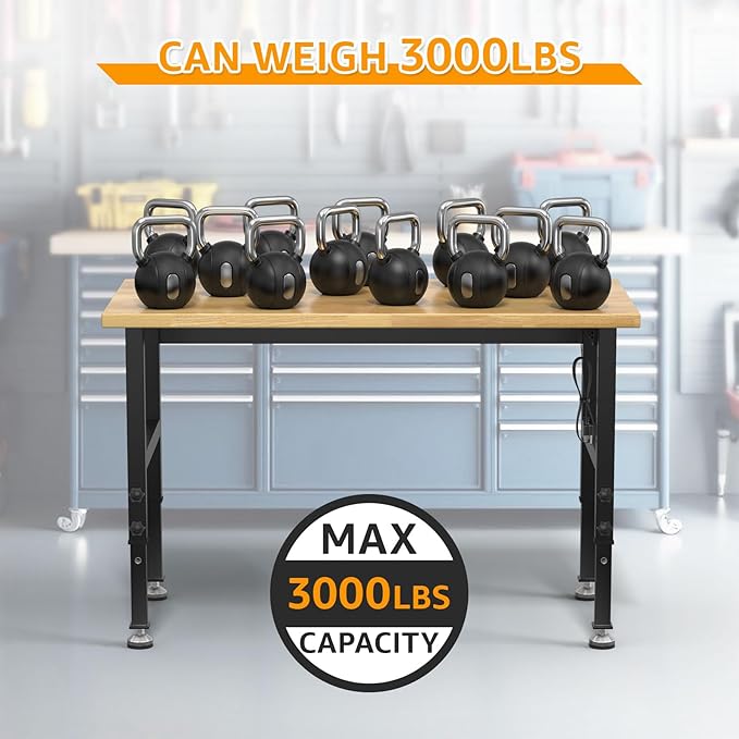 48" Adjustable Workbench,Heavy-Duty Work Table,3000 LBS Load Capacity Hardwood Workstation Outlets with Power Strips and Fixed feet,for Workshop, Garage