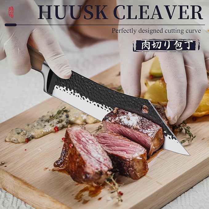 Huusk Grilling Gifts for Men Meat Cleaver Butcher Knife Hand Forged High Carbon