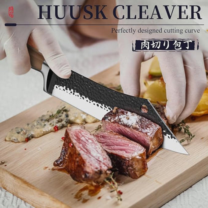 Huusk Grilling Gifts for Men Meat Cleaver Butcher Knife Hand Forged High Carbon