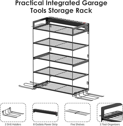 CCCEI Garage Tools Storage with Charging Station. Power Tool Battery Organizer Utility Shelf with Power Strip. 4 Drills Holder Wall Mount Rack, Black 5 Layer.