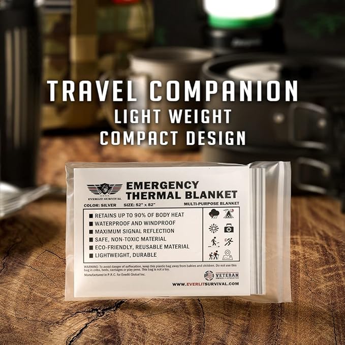 EVERLIT Survival Emergency Mylar Thermal Blankets -Space Blanket Survival kit Camping Blanket Perfect for First Aid Kit Outdoors, Hiking, Survival,Bug Out Bag,Marathons (Silver, 4 Pack)