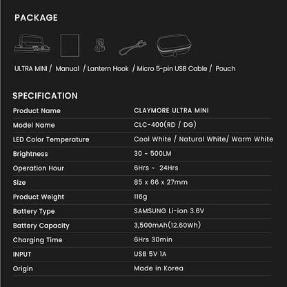 CLAYMORE Ultra Mini (Dark Gray) - Outdoor Rechargeable LED Light for Camping, Tent, Backpacking, Emergency and Industrial Use. Waterproof, Portable Lantern with USB-C, Up to 24 Hours Battery Life.