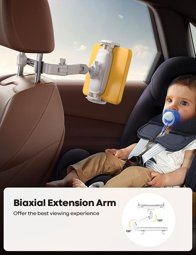 Lamicall Car Headrest Tablet Holder - [Extension Arm] Upgrade Adjustable Tablet Car Mount for Back Seat, Road Trip Essentials for Kids, for 4.7-11" Device like iPad Pro, Air, Mini, Galaxy, Fire, White