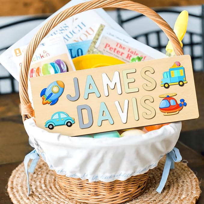 Personalized Name Puzzle for Kids, Easter Basket Stuffers, Custom Wooden Puzzle for Toddlers 1-3, First Birthday Gifts for Baby boy Girl, Montessori Learning Toys