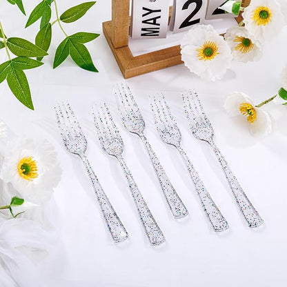 Supernal 360pcs Glitter Disposable Plastic Forks,Plastic Silverware Heavy Duty,Clear Plastic Forks,Glitter Disposable Cutlery for Birthdays, Parties, Bridal Shower and Weddings
