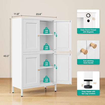 White Storage Cabinet with 4 Doors and 2 Adjustable Shelves,Narrow Food Pantry Cabinet with Leg,24 inch Wide Bathroom Cabinets,Small Metal Storage Cabinets for Home Kitchen,Dining/Living/Laundry/Room