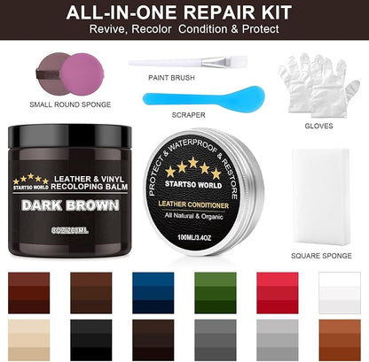STARTSO WORLD 200Ml Leather Recoloring Balm with 100ML Leather Conditioner, Dark Brown Leather Repair Kit for Furniture, Leather Dye, Leather Scratch Repair, Leather Couch Paint