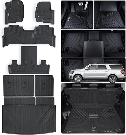 Floor Mats for Ford Expedition MAX 2018-2024 (Only Fit 7 Seats-2 Row Bucket Seat Non Short) & Trunk Mat All Weather Protection Floor Liners & Cargo Liners Velcro Covering The Backrest Accessories