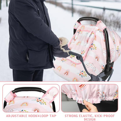 Pea Pod Car Seat Cover Baby, Infant Car Seat Canopy Covers for Newborn with 2 Layers Windows of Breathable Mesh Fabric, Lightweight Polyester/Soft Minky Dot Backing (Floral & Rainbow)