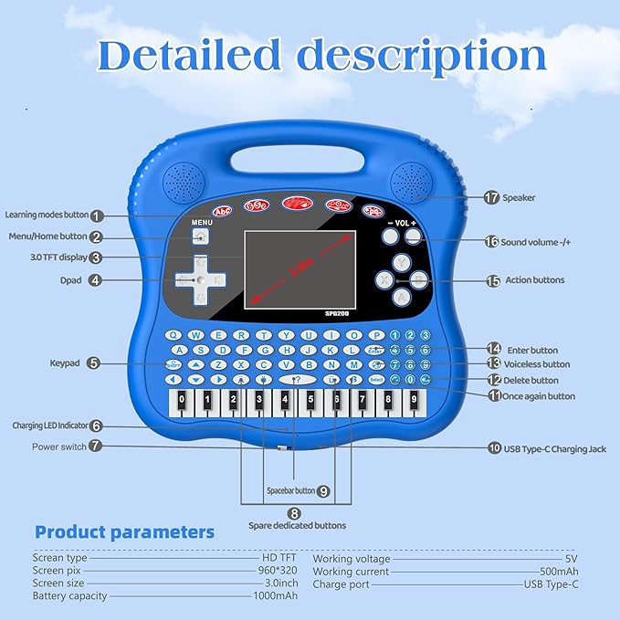 Kids Learning Tablet - 3.0" HD Color Screen Alphabet/Words//Math/Games/Music Preschool Interactive Educational Electronics for Boys and Girls