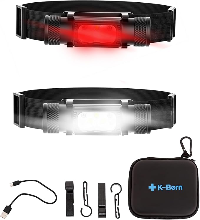 K-Bern Red & White Rechargeable Headlamp, 1500 Lumens, UL Approved 3500 mAh Battery, Ultra Bright Head Lights Waterproof, Lightweight, Aluminum, Perfect for Work, Dog Walking & Camping