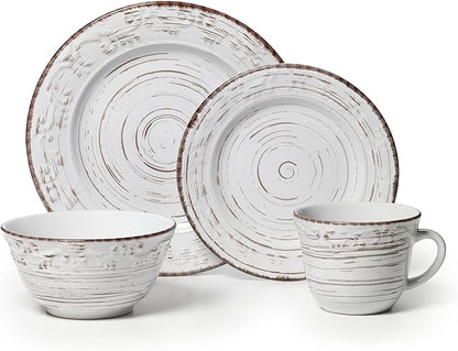 Pfaltzgraff Trellis White 16-Piece Stoneware Dinnerware Set, Service for 4, Distressed White Finish, Microwave & Dishwasher Safe Plates and Bowls