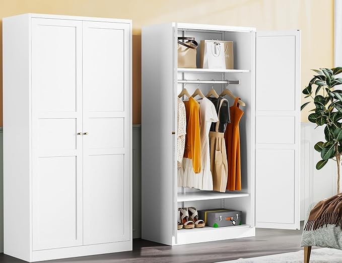 Metal Wardrobe Cabinet with Hanging Rod,White Armoire Wardrobe Closet,Metal Clothing Storage Cabinet with Adjustable Shelves and Doors,72" Wardrobes Storage Cabinet for Home,Living/Laundry Room