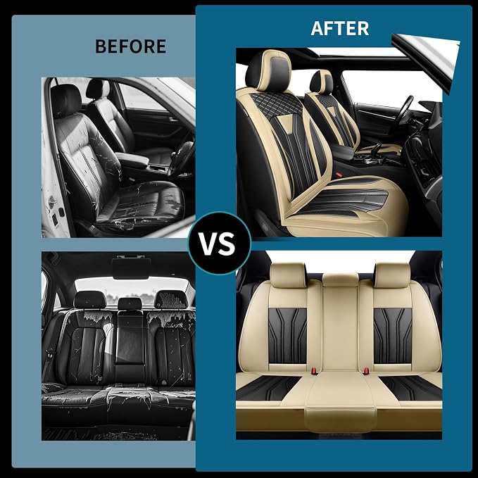 Fit Liberty Car Seat Covers for Jeep Liberty 2002-2011 2012 -Full Set Premium Leather, Waterproof & Breathable，All-Weather Seat Cushion Protecto & Airbag Compatible, 5 Seats Beige & Black