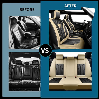 Fit Liberty Car Seat Covers for Jeep Liberty 2002-2011 2012 -Full Set Premium Leather, Waterproof & Breathable，All-Weather Seat Cushion Protecto & Airbag Compatible, 5 Seats Beige & Black