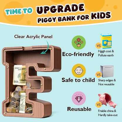Summidate Wooden Letter Piggy Bank, Extra Thick Large Capacity Piggy Bank for Kids Boys Girls Toddler, Alphabet F Money Bank| Coin Box Birthday, Christmas, Festival