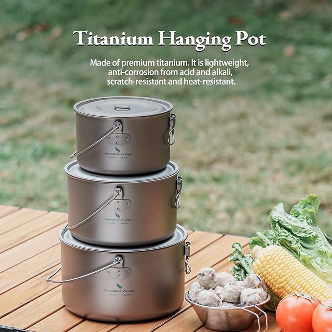 Boundless Voyage Titanium Hanging Pot for Outdoor Camping Backpacking Hiking Ultralight Portable Cooking Pot Camp Kitchen Cookware 1300ML/1950ML/2900ML