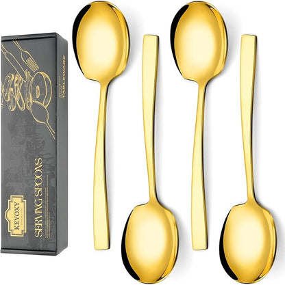4 Piece Stainless Steel Serving Spoons Set - 4 Large Spoons, 9.2-Inch, Dishwasher Safe, for Parties/Kitchen/Buffet/Catering,Gold