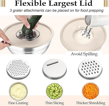 TeamFar Mixing Bowls, 6PCS Stainless Steel Nesting Mixing Salad Bowl with Lids & 3 Grater Attachments, for Food Cooking Baking Storing, Healthy, Khaki - 4.6/2.6/2 / 1.5/1 / 0.7 QT