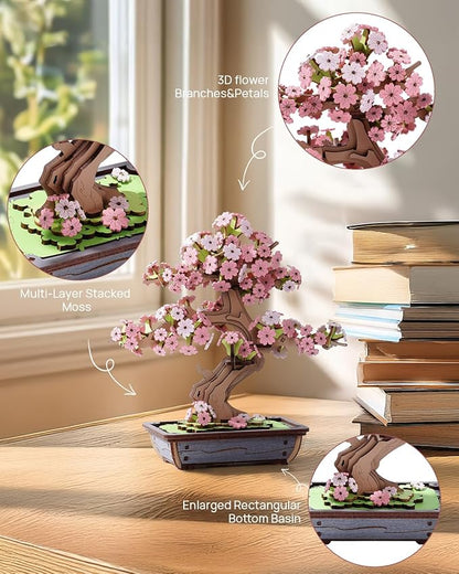 ROBOTIME Sakura Bonsai 3D Puzzles Wooden Artificial Cherry Blossom Tree DIY Model Building Kit for Home Decoration and Office Art Creative Gifts