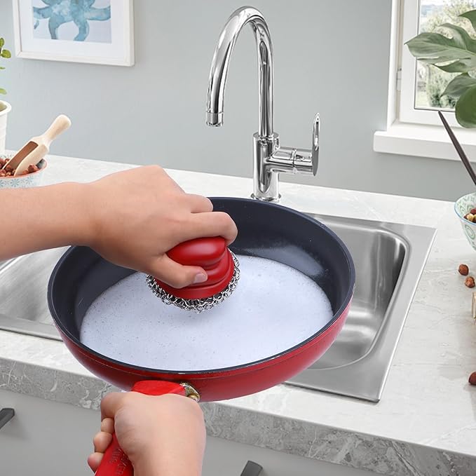 Onewly Cast Iron Scrubber and Scraper, Chain Mail Scrubber Cast Iron for Cleaning Dishes, Stock Pots, Pans, Griddles, Grills, Dish Scouring Pads