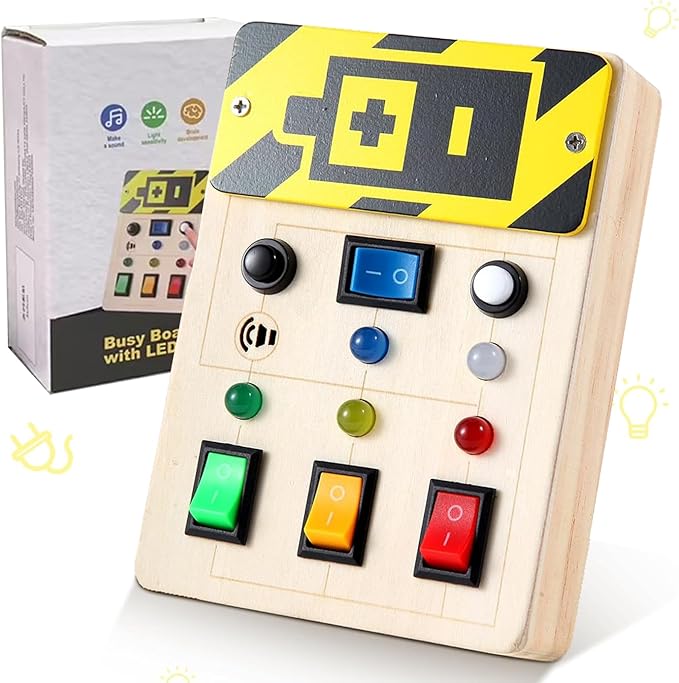 Asweets Montessori Busy Board for Toddler,Wooden Busy Board with LED Light Switches,Sensory Autism Toys Baby Travel Toys,Boys Girls Gifts for Birthday Christmas