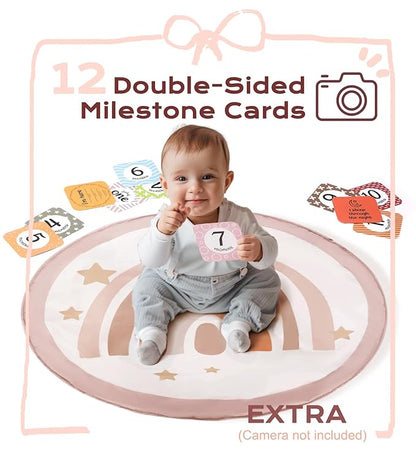 Baby Play Gym Mat, Tummy Time Activity Mat with 7 Detachable Toys and 12 Milestone Cards for Stage-Based Sensory and Motor Skill Development, Washable Play Mats for Infant, Newborn Baby Essentials