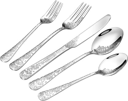 Floral 20 Pcs Silverware Set for 4, Food Grade Stainless Steel Flatware Set with Rose Flower Embossed Design, Eating Utensils Sets Include Fork/Knife/Spoon, Reusable Cutlery Set, Dishwasher Safe