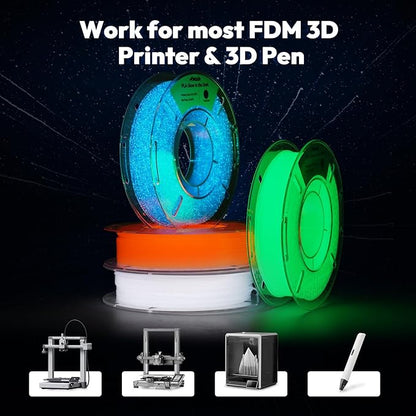 AMOLEN Glow in The Dark 3D Printer PLA Filament Halloween Bundle, Glow Filament Shiny Firefly Blue, Orange, Green and White, 1.75mm PLA Filament, Dimensional Accuracy +/- 0.02 mm, 200g X 4 Pack