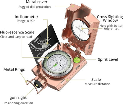 Compass Hiking Survival, IP65 Waterproof Metal Compass with Sighting Clinometer and Carry Bag, Multifunctional, Professional, for Camping Hunting Hiking Navigation