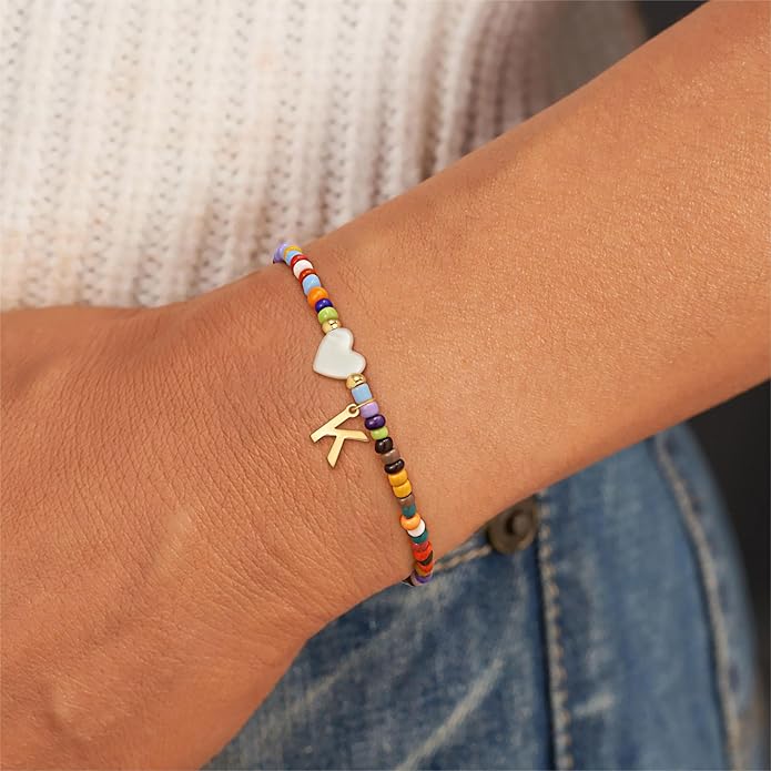 Colorful Initial Bracelets for Women Girls - Cute Beaded Heart Initial Bracelet Teen Girl Gifts Trendy Stuff, Bohemian Gold Charm Bracelet Personalized Gifts for Women Girls Jewelry