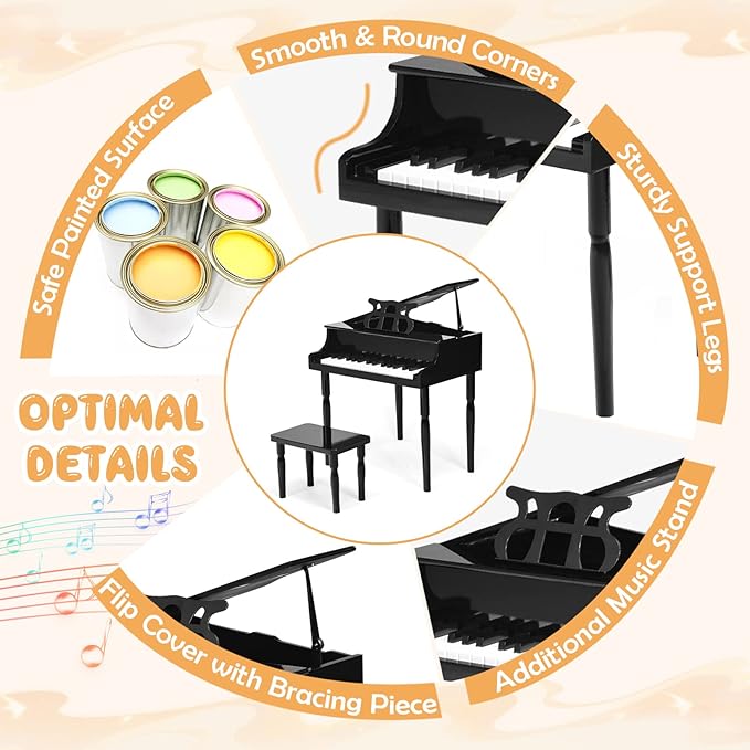 Goplus 30-Key Classical Kids Piano, Mini Grand Piano Wooden Learn-to-Play Musical Instrument Toy with Bench, Piano Lid, Music Rack, Gift for Boys Girls Aged 2+ Baby Toddler (4 Straight Leg-Black)