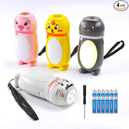 4 Pack Small Mini LED Flashlights for Kids - Cute Small Animal Flashlight - 2 in 1 Flashlight Camping Lantern Flashlights - Christmas Gifts Stocking Stuffers for Girls Boys