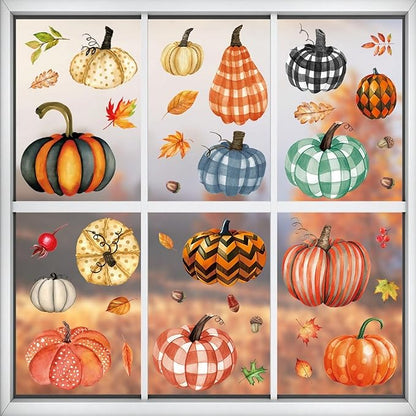 6 Sheets Pumpkin Window Stickers Thanksgiving Window Clings Double-Sided Fall Leaves Window Stickers Decor Autumn Window Clings for Glass Windows Holiday Home Kitchen Office Decorations DIY Supply