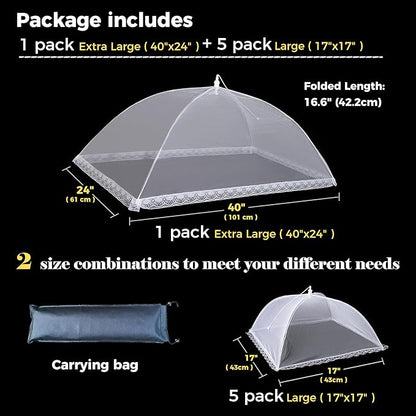 Mesh Food Covers for Outdoors, 1 Pack 40"X24" Extra Large Food Net + 5 Pack