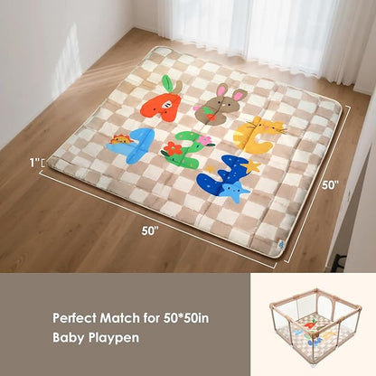 Baby Play Mat, Foldable Play Mats for Floor, 50x50 Inches Crawling Mat for Playpen with Anti-Slip Bottom, Machine Washable, Thicken Padding Foam Playmats for Babies and Toddlers (Sand Checks)