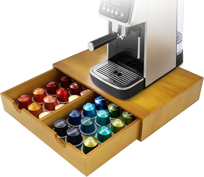 Coffee Pod 15" X 11" X 3" Natural Wood Countertop Organizer Drawer, Counter Top
