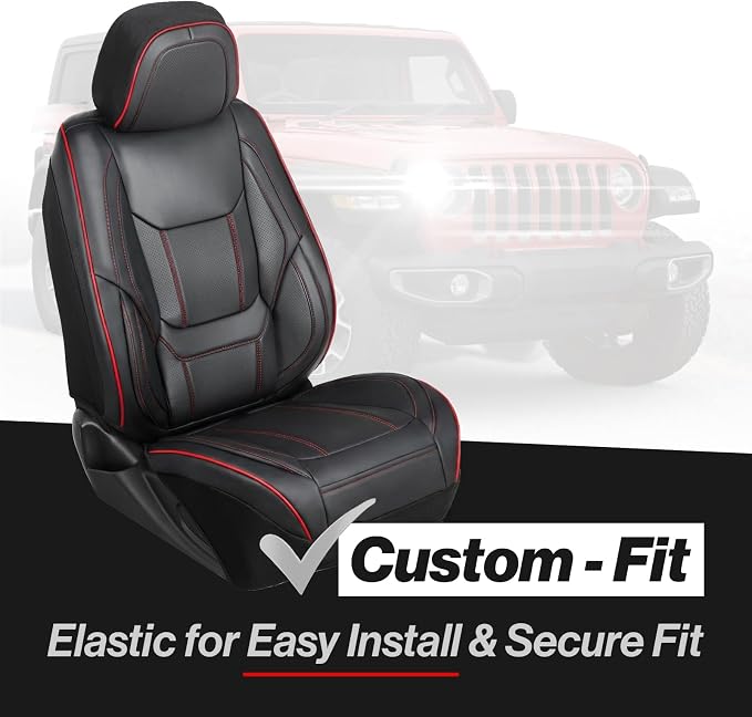 Coverland Custom SUV Car Seat Covers Front Seats for [2003-2024 Nissan Murano] - Protector Water Resistant Leather Memory Form Back Support Seat Cushion [Front - Black with Red Stitching]